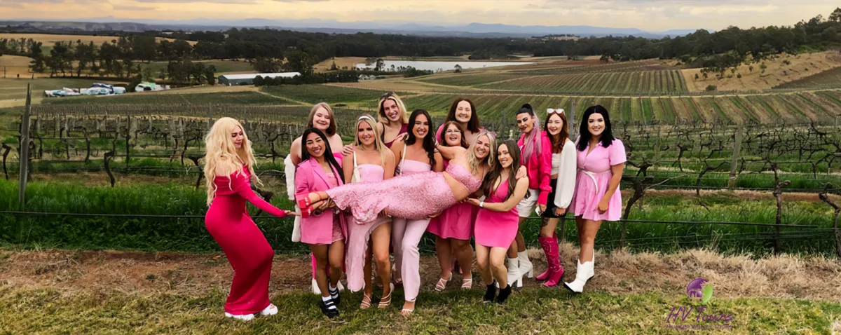 A bridal party in pink dresses celebrating above the vineyards on a Hunter Valley pre-wedding tour