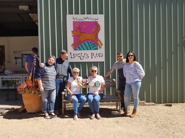 A tour group gathered outside a small Hunter Valley cellar door
